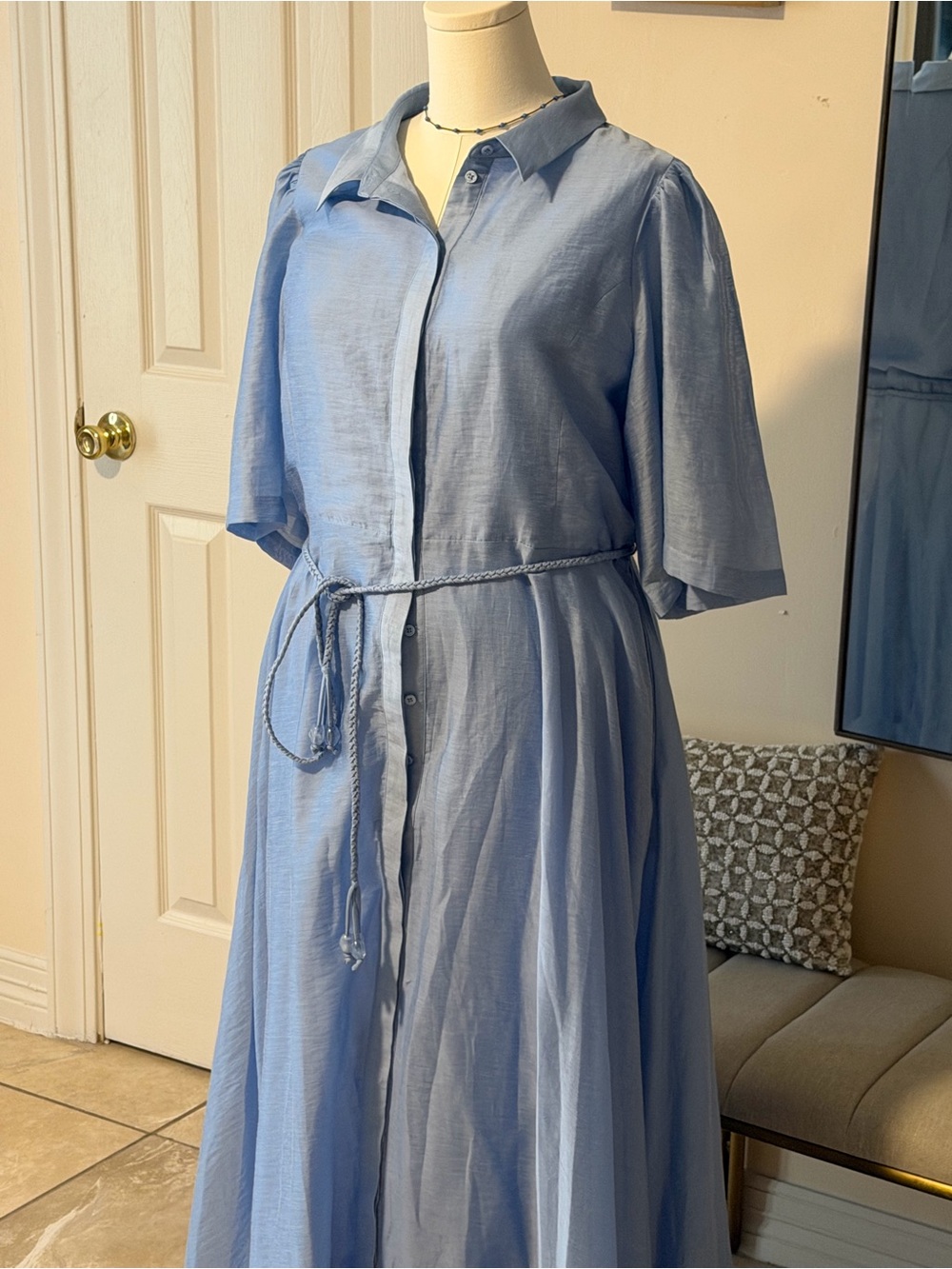Light Blue Maxi Shirt Dress with Braided Waist Tie - Women